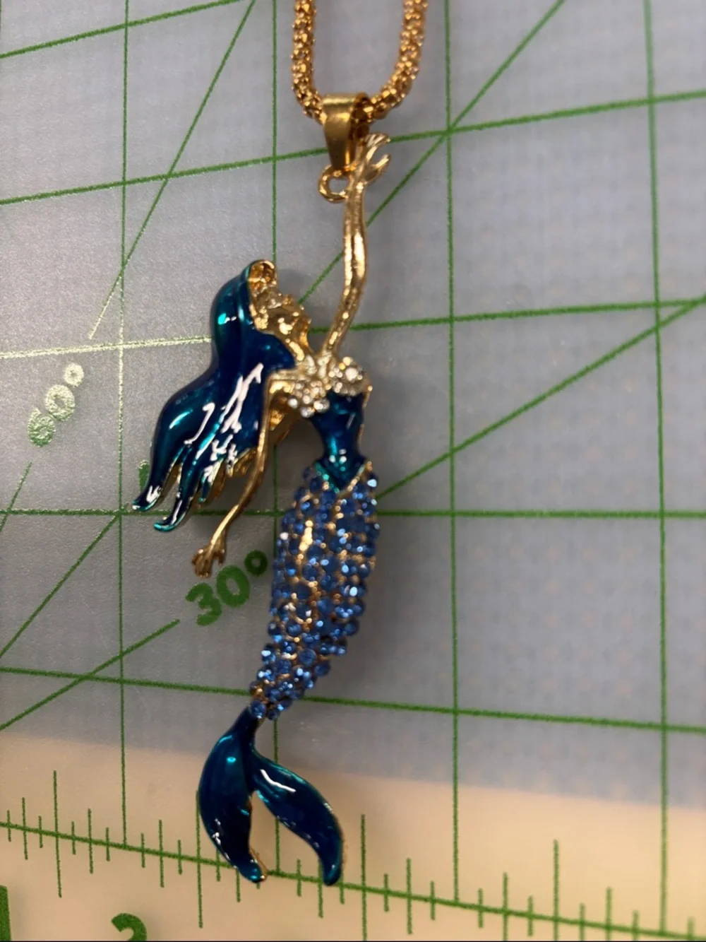 Gold-Tone Mermaid Pendant Necklace with Blue Enamel and Sparkling Accents